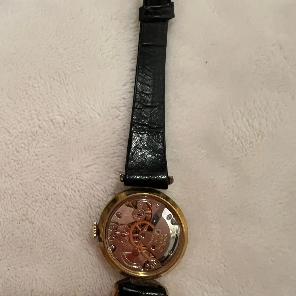 🩷 Ernest Borel 26 Gold-Plated 17🩷 Jewel Kaleidoscope Watch w/ Black Leather Band